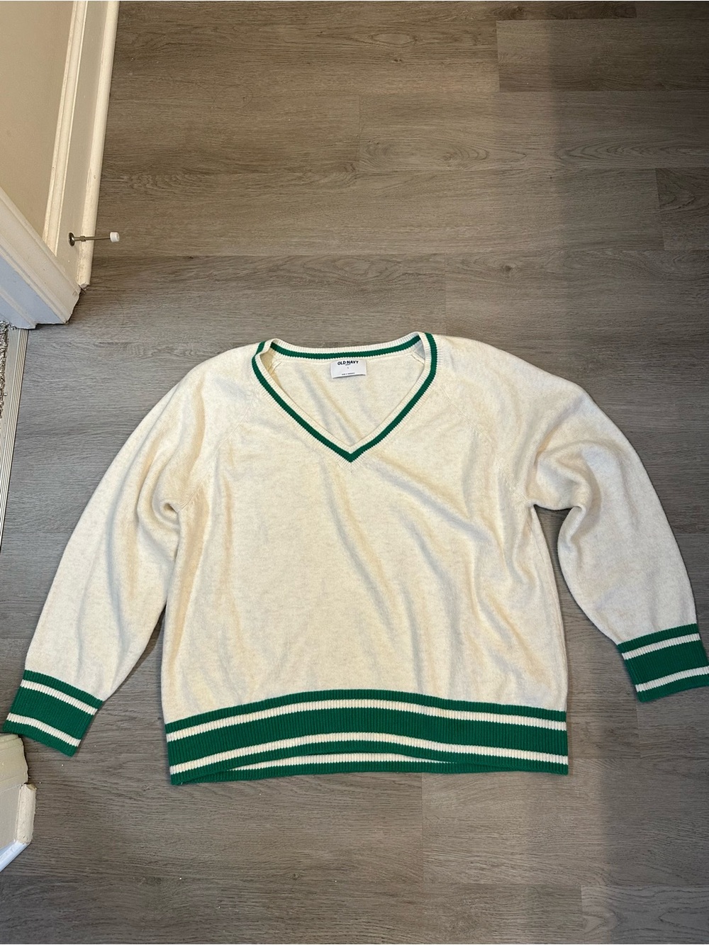Old Navy Oversized, Cozy Cream V-Neck Sweater with Green Stripe